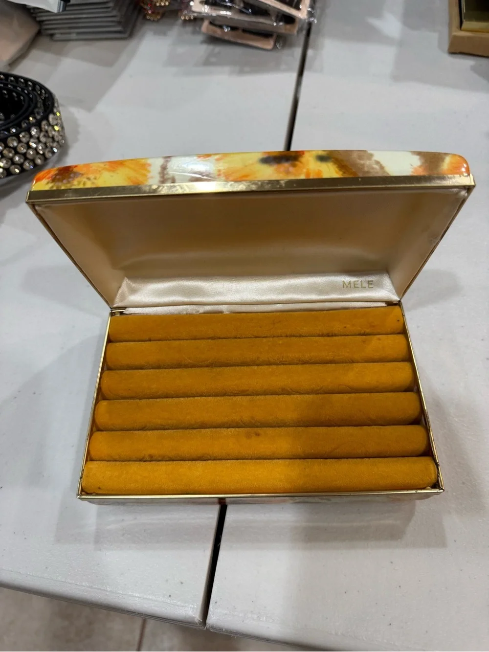 Vintage Velvet Ring Display Box with Flowers on it - Yellow/Gold